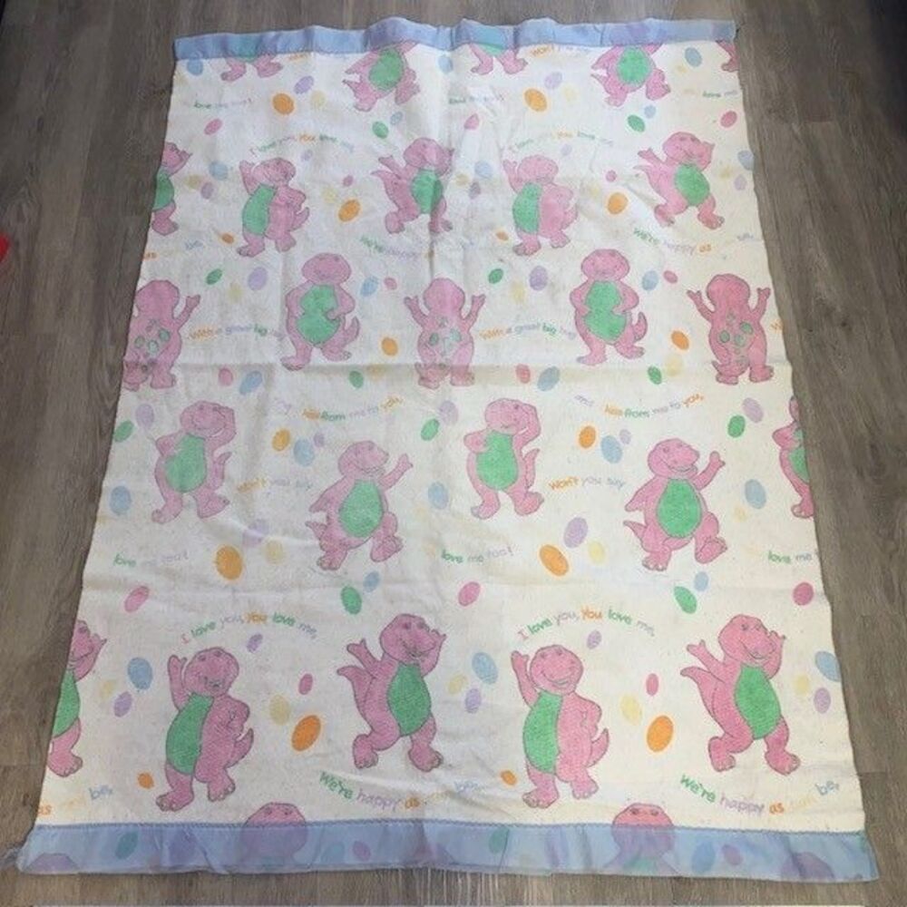 Vintage Barney Baby Blanket 59 X 42 Polyester Blend Satin Trim Lyrics 1990's